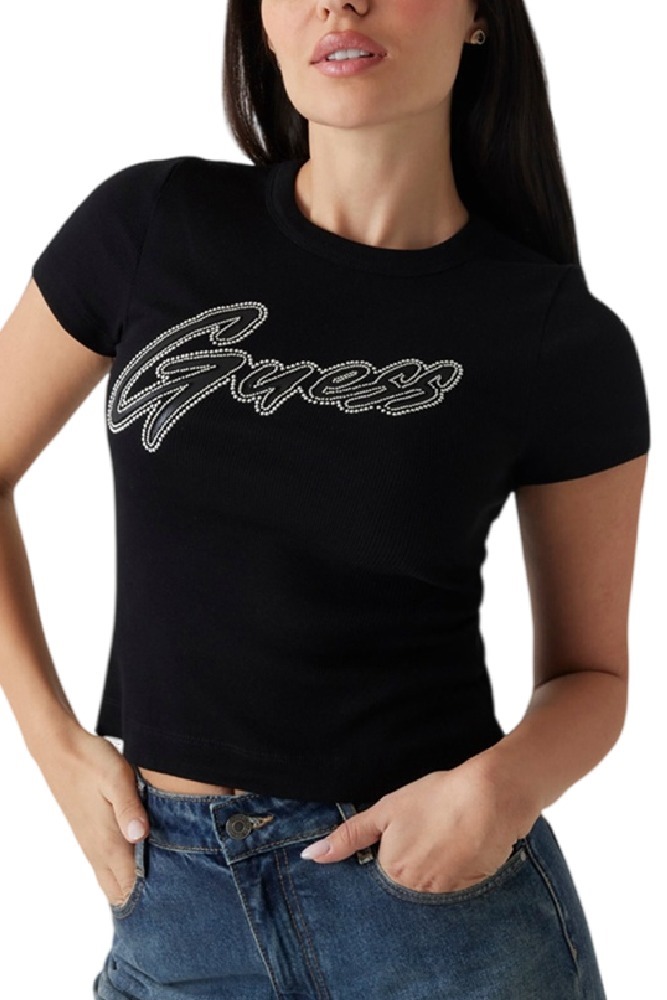 GUESS SS CN RIB LOGO TEE T-SHIRT ΜΠΛΟΥΖΑ ΓΥΝΑΙΚΕΙΑ BLACK