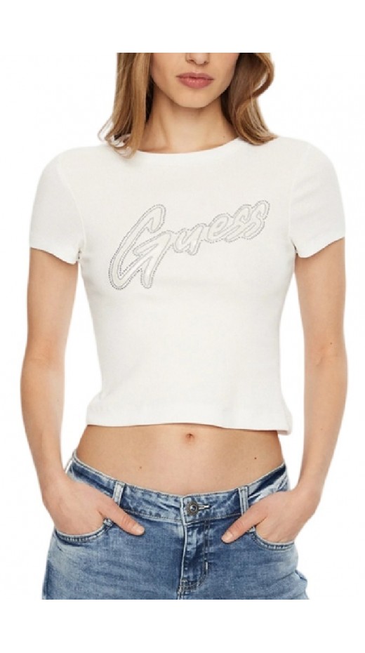 GUESS SS CN RIB LOGO TEE T-SHIRT ΜΠΛΟΥΖΑ ΓΥΝΑΙΚΕΙΑ WHITE