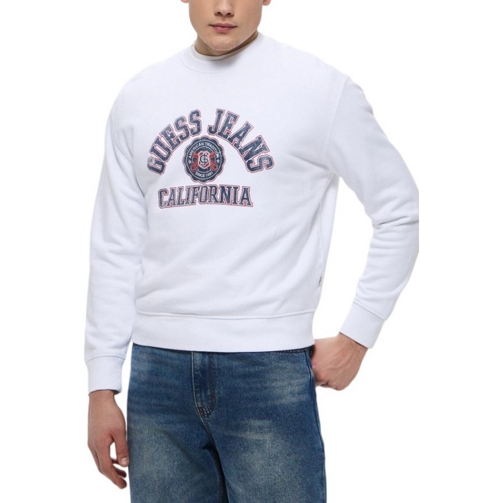 GUESS JEANS CN REG LS PRINTED SWEAT ΜΠΛΟΥΖΑ ΦΟΥΤΕΡ ΑΝΔΡΙΚΗ WHITE
