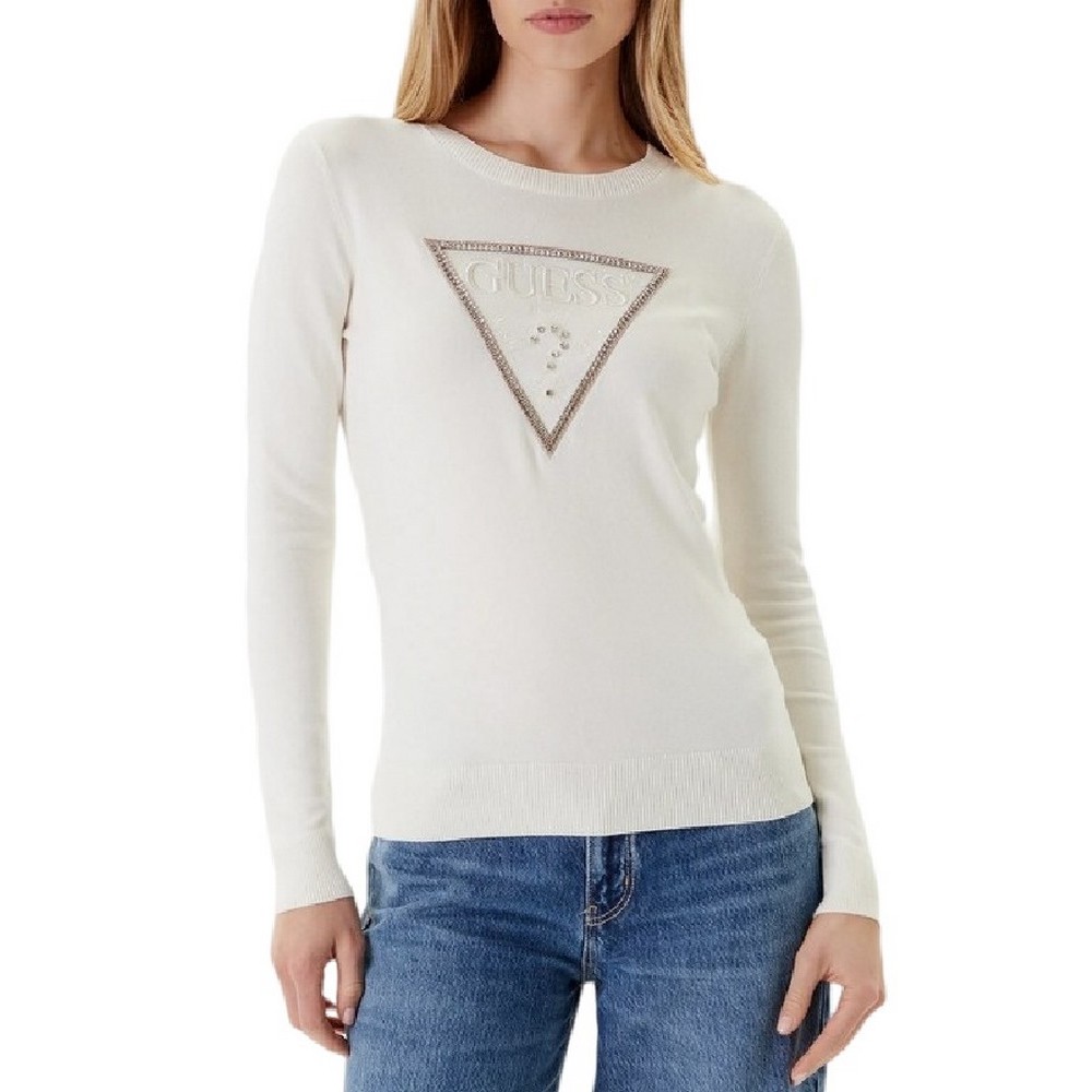 GUESS KIARA TRIANGLE LOGO SWTR ΜΠΛΟΥΖΑ ΠΛΕΚΤΗ ΓΥΝΑΙΚΕΙΑ OFF WHITE