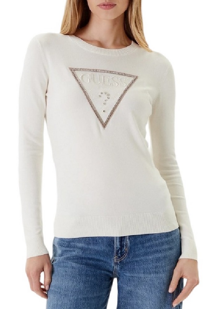 GUESS KIARA TRIANGLE LOGO SWTR ΜΠΛΟΥΖΑ ΠΛΕΚΤΗ ΓΥΝΑΙΚΕΙΑ OFF WHITE