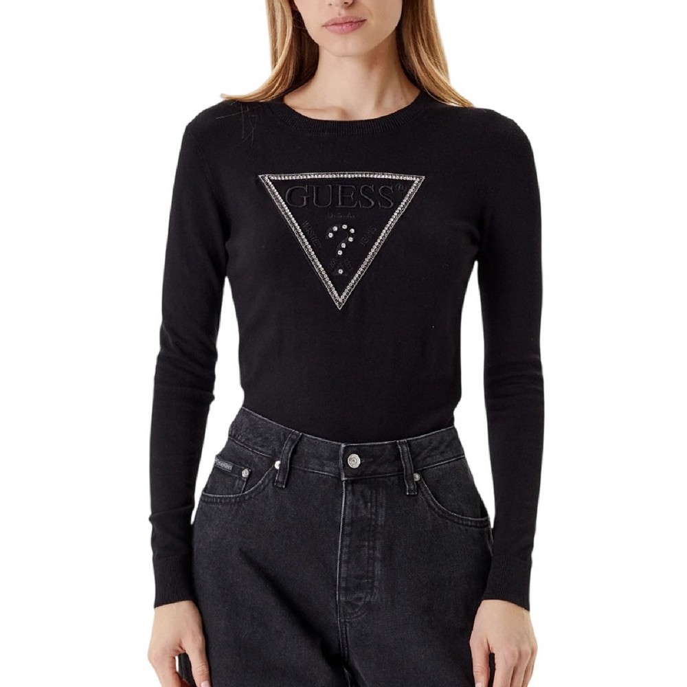 GUESS KIARA TRIANGLE LOGO SWTR ΜΠΛΟΥΖΑ ΠΛΕΚΤΗ ΓΥΝΑΙΚΕΙΑ BLACK