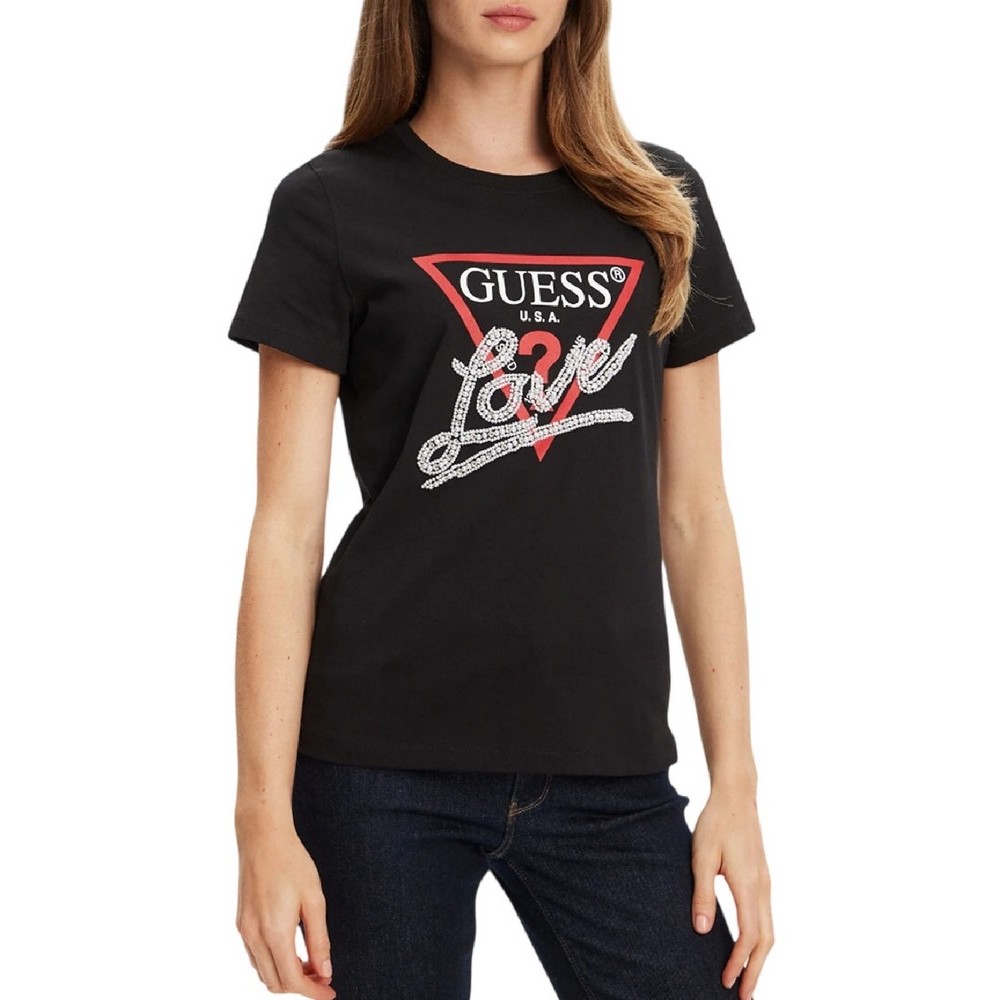 GUESS PEARLS LOVE TRIANGLE TEE T-SHIRT ΜΠΛΟΥΖΑ ΓΥΝΑΙΚΕΙΑ BLACK