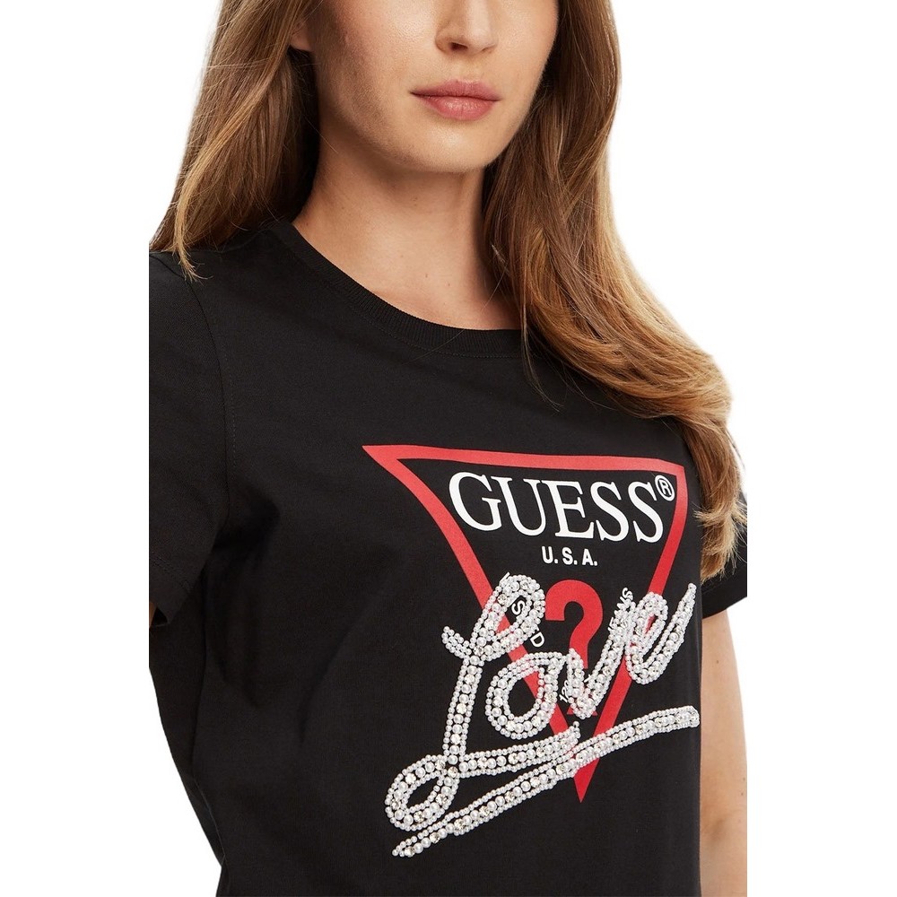 GUESS PEARLS LOVE TRIANGLE TEE T-SHIRT ΜΠΛΟΥΖΑ ΓΥΝΑΙΚΕΙΑ BLACK