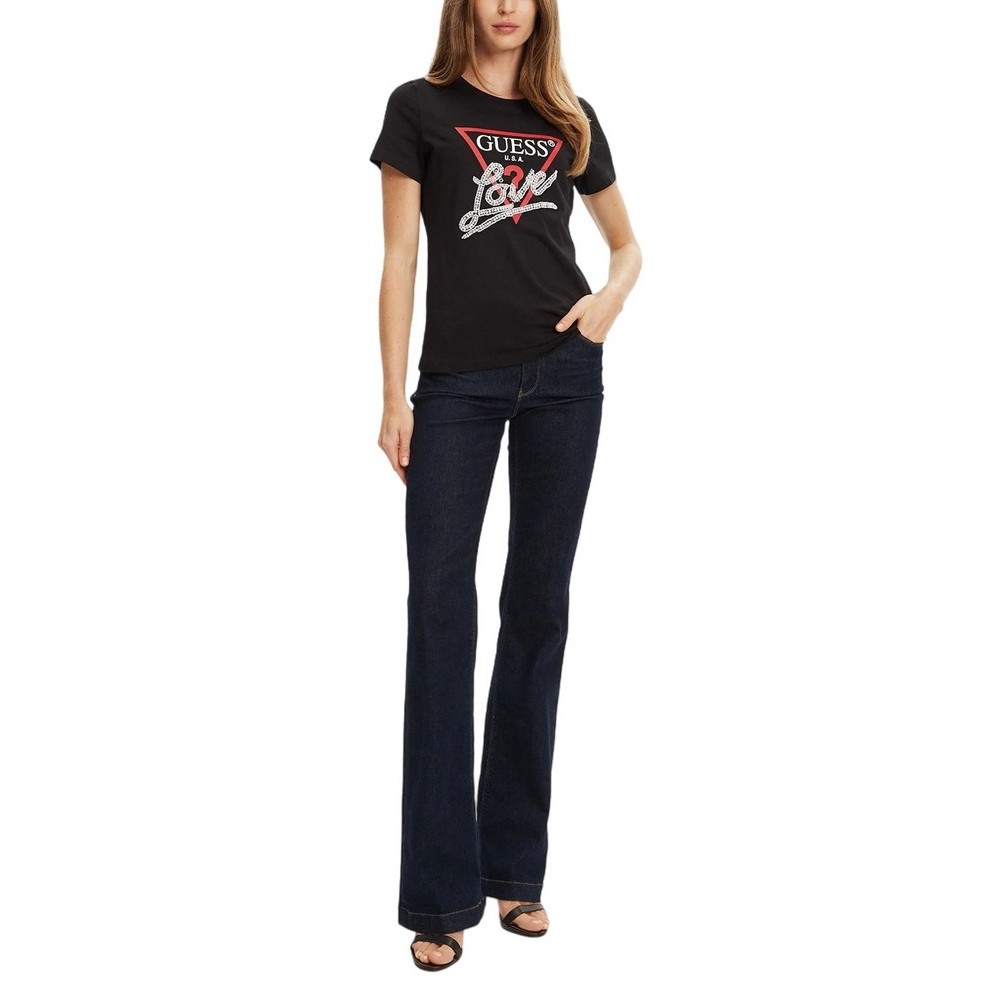 GUESS PEARLS LOVE TRIANGLE TEE T-SHIRT ΜΠΛΟΥΖΑ ΓΥΝΑΙΚΕΙΑ BLACK