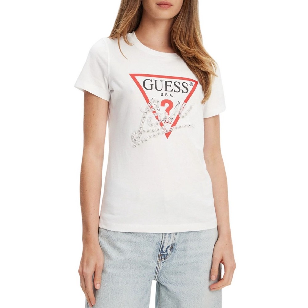 GUESS PEARLS LOVE TRIANGLE TEE T-SHIRT ΜΠΛΟΥΖΑ ΓΥΝΑΙΚΕΙΑ WHITE