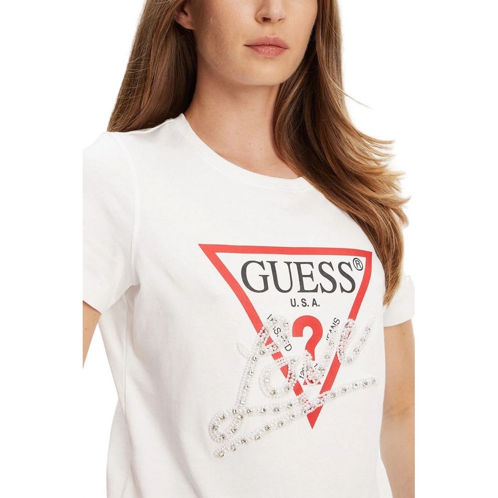GUESS PEARLS LOVE TRIANGLE TEE T-SHIRT ΜΠΛΟΥΖΑ ΓΥΝΑΙΚΕΙΑ WHITE