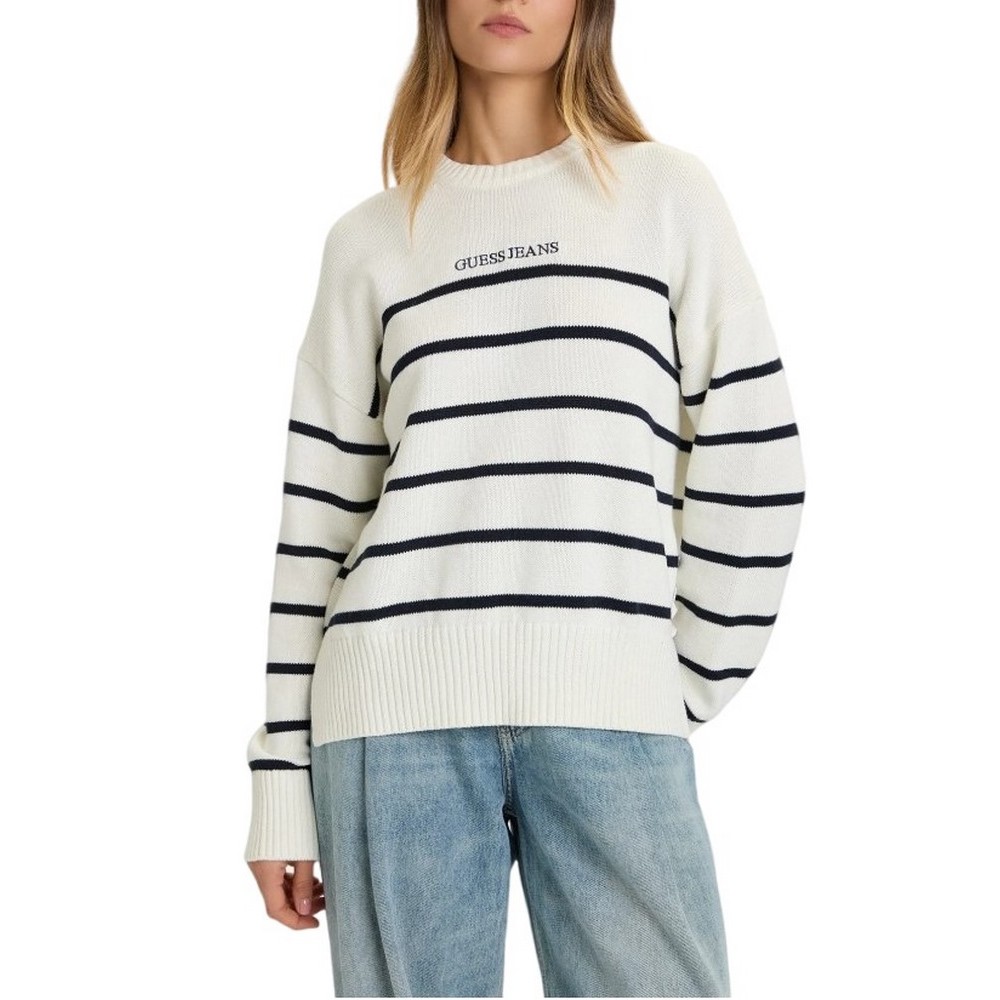 GUESS JEANSTRIPED SWTR ΜΠΛΟΥΖΑ ΠΛΕΚΤΗ ΓΥΝΑΙΚΕΙΑ OFF WHITE