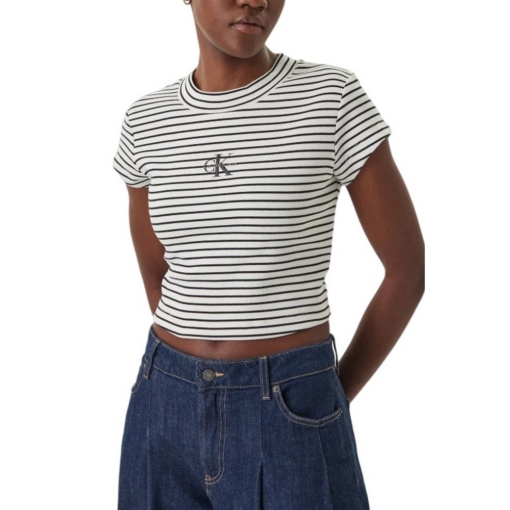 CALVIN KLEIN JEANS STRIPED MONOLOGO BABY RIB T-SHIRT ΜΠΛΟΥΖΑ ΓΥΝΑΙΚΕΙΑ WHITE/BLACK