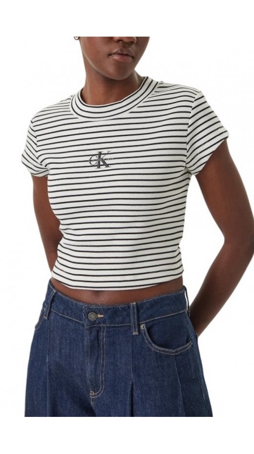 CALVIN KLEIN JEANS STRIPED MONOLOGO BABY RIB T-SHIRT ΜΠΛΟΥΖΑ ΓΥΝΑΙΚΕΙΑ WHITE/BLACK