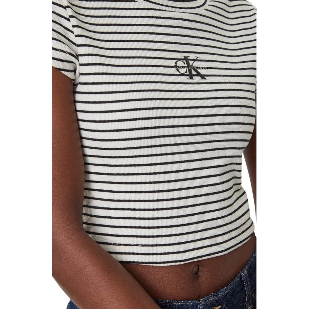 CALVIN KLEIN JEANS STRIPED MONOLOGO BABY RIB T-SHIRT ΜΠΛΟΥΖΑ ΓΥΝΑΙΚΕΙΑ WHITE/BLACK