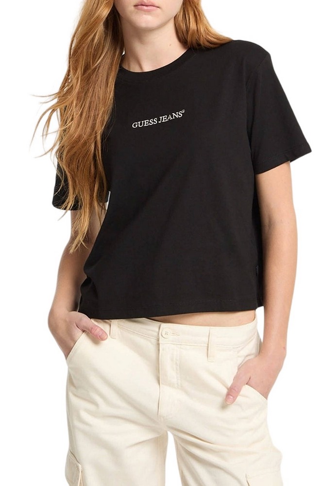GUESS JEANS SS CN BOXY EMBRO LOGO TEE ΜΠΛΟΥΖΑ ΓΥΝΑΙΚΕΙΑ BLACK