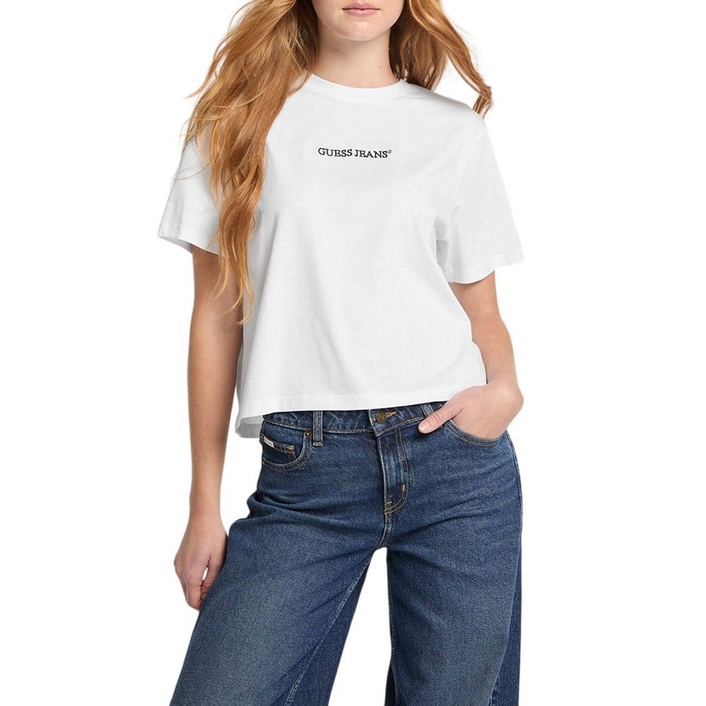 GUESS JEANS SS CN BOXY EMBRO LOGO TEE ΜΠΛΟΥΖΑ ΓΥΝΑΙΚΕΙΑ WHITE