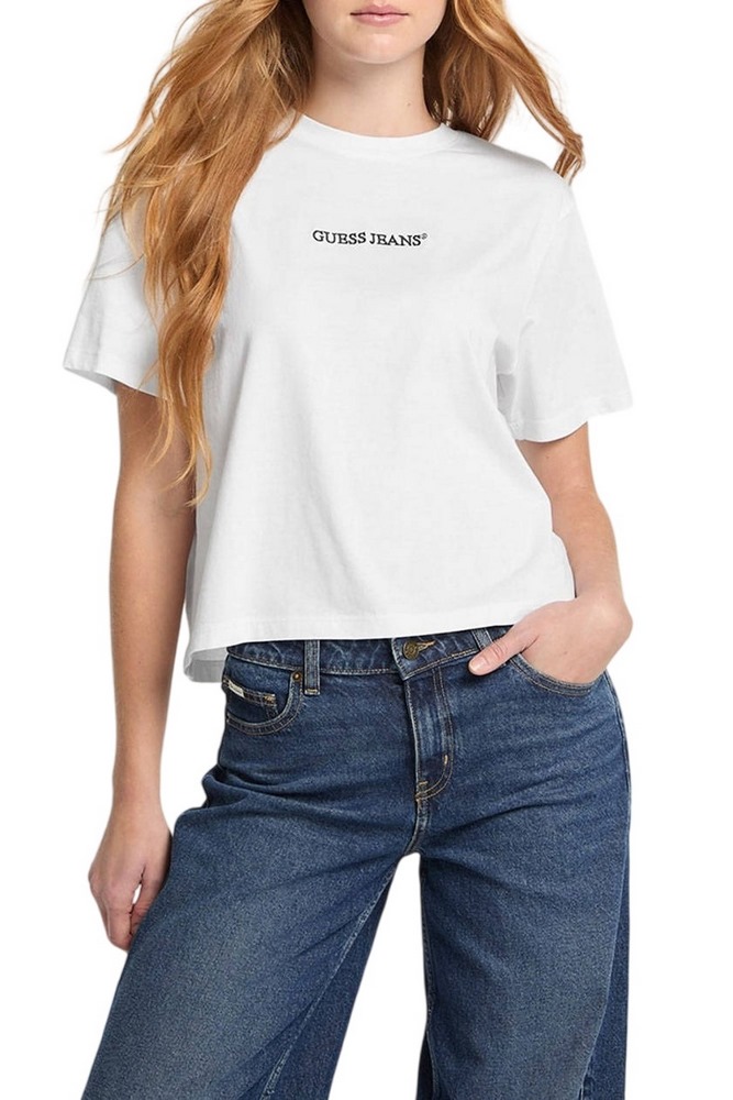 GUESS JEANS SS CN BOXY EMBRO LOGO TEE ΜΠΛΟΥΖΑ ΓΥΝΑΙΚΕΙΑ WHITE