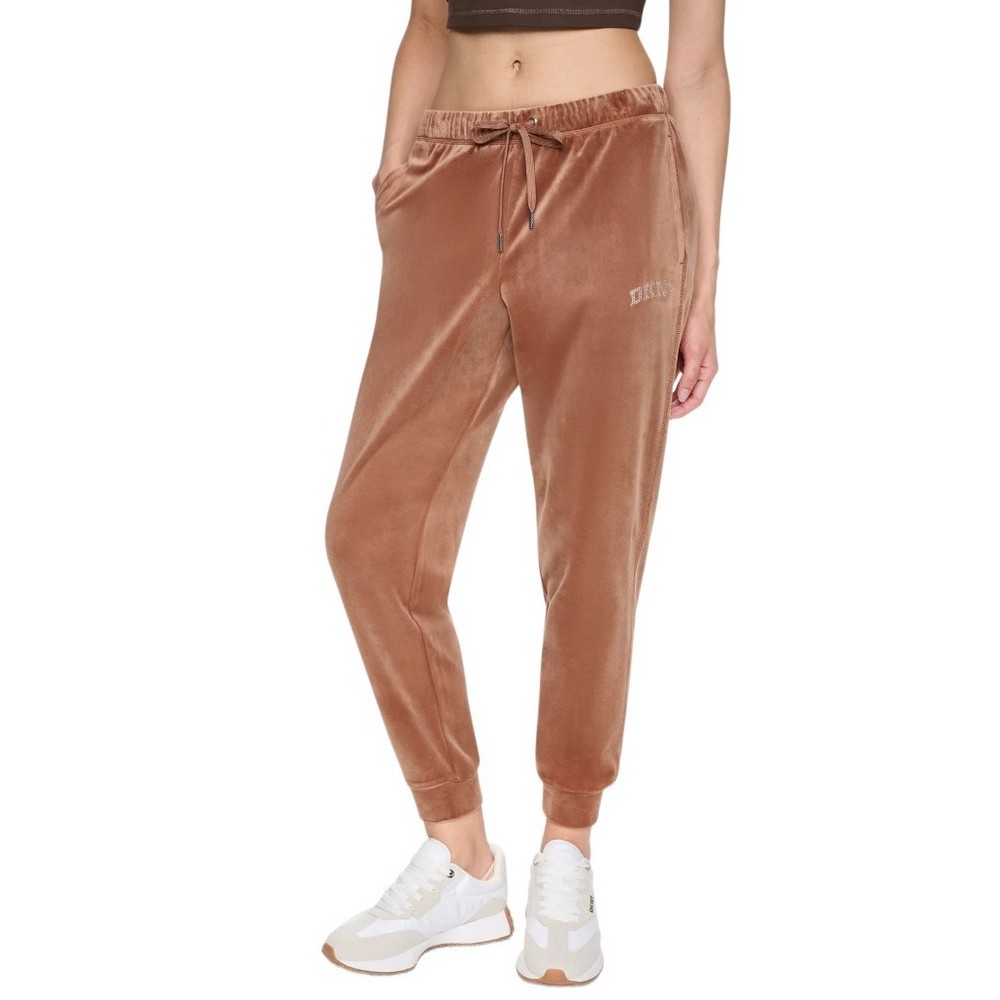 DKNY VARSITY VELOUR RHINESTONE LOGO MID RISE JOGGER ΠΑΝΤΕΛΟΝΙ ΦΟΡΜΑ ΓΥΝΑΙΚΕΙΟ CARAMEL