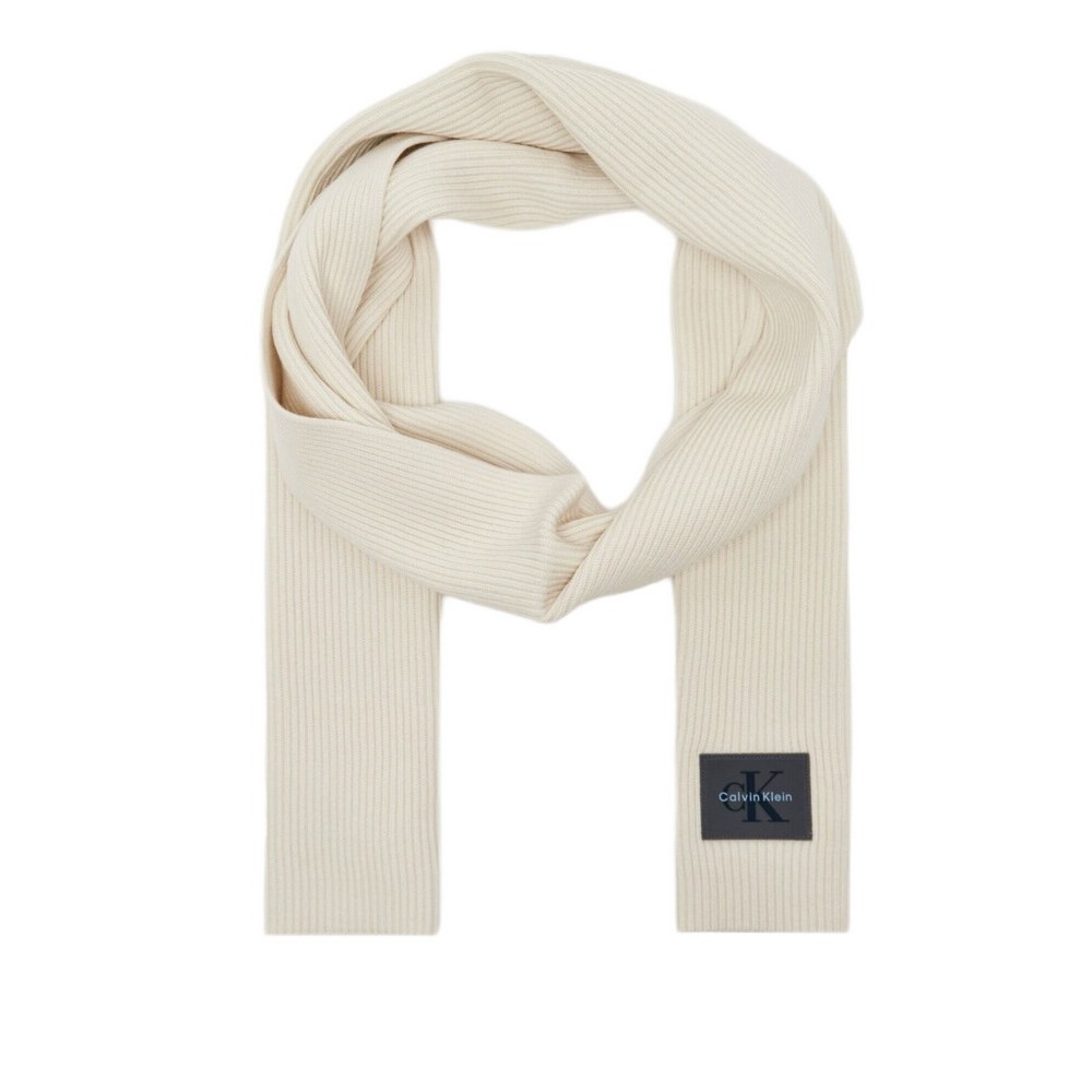 CALVIN KLEIN MONOLOGO PATCH RIB KNIT SCARF ΚΑΣΚΟΛ ΑΝΔΡΙΚΟ OFF WHITE