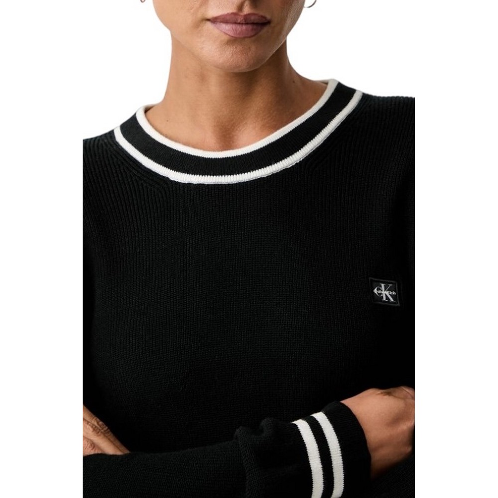 CALVIN KLEIN JEANS WOVEN LABEL CREWNECK SWEATER ΜΠΛΟΥΖΑ ΠΛΕΚΤΗ ΓΥΝΑΙΚΕΙΑ BLACK