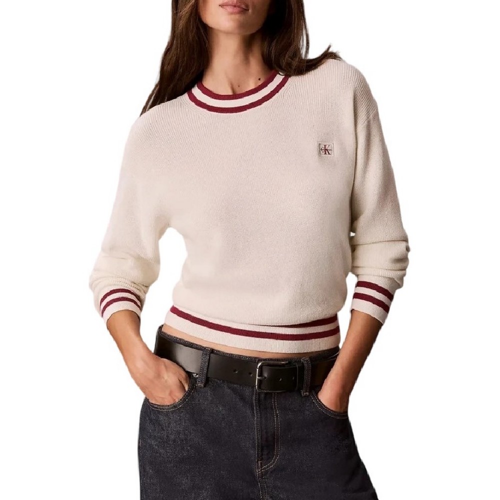 CALVIN KLEIN JEANS WOVEN LABEL CREWNECK SWEATER ΜΠΛΟΥΖΑ ΠΛΕΚΤΗ ΓΥΝΑΙΚΕΙΑ OFF WHITE