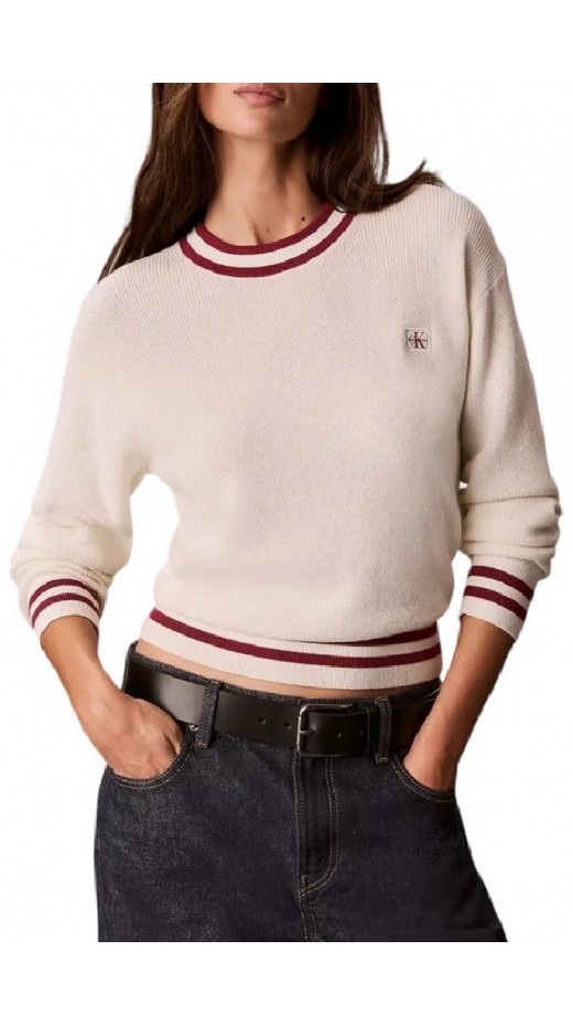 CALVIN KLEIN JEANS WOVEN LABEL CREWNECK SWEATER ΜΠΛΟΥΖΑ ΠΛΕΚΤΗ ΓΥΝΑΙΚΕΙΑ OFF WHITE