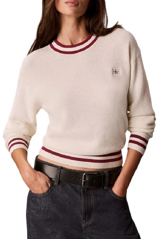 CALVIN KLEIN JEANS WOVEN LABEL CREWNECK SWEATER ΜΠΛΟΥΖΑ ΠΛΕΚΤΗ ΓΥΝΑΙΚΕΙΑ OFF WHITE