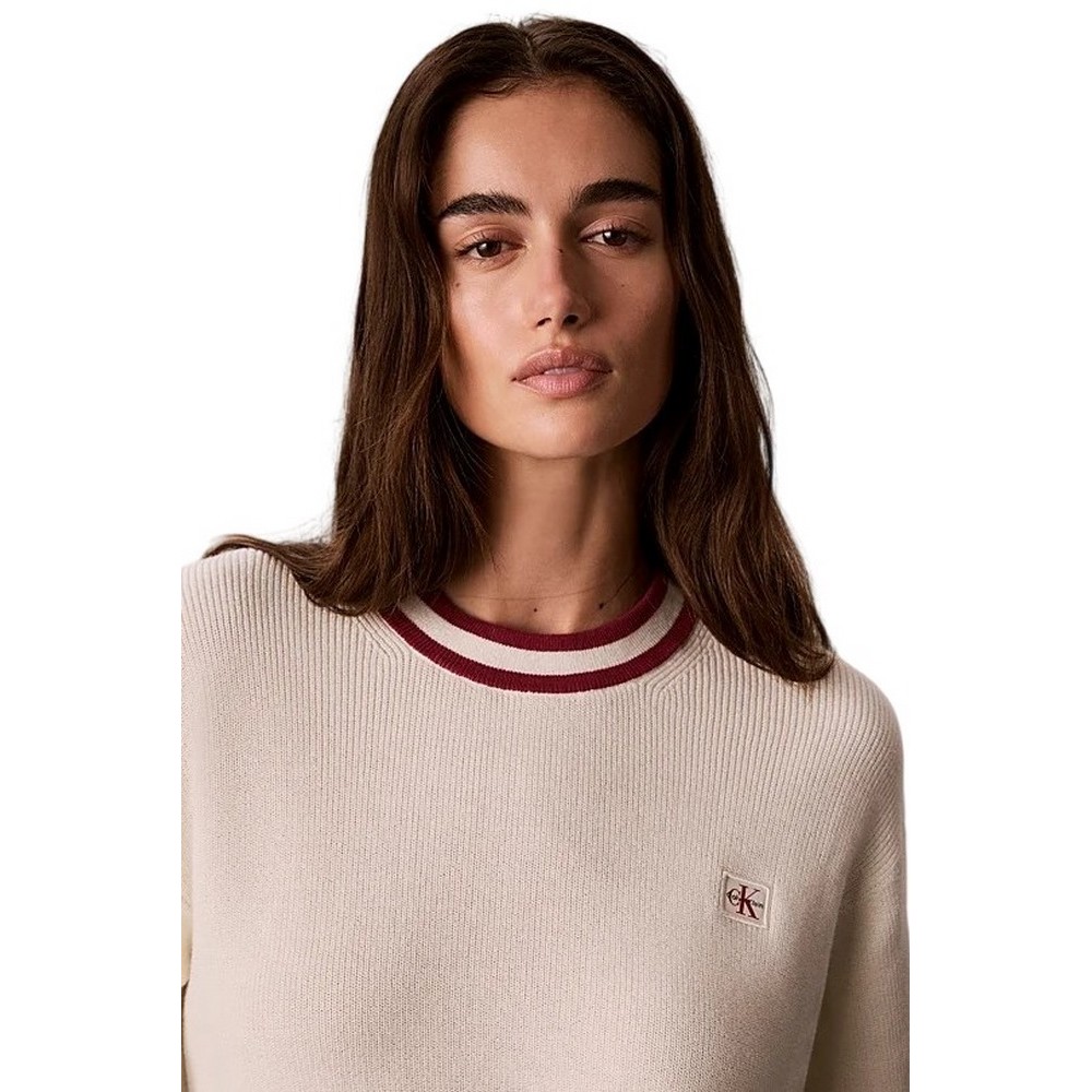 CALVIN KLEIN JEANS WOVEN LABEL CREWNECK SWEATER ΜΠΛΟΥΖΑ ΠΛΕΚΤΗ ΓΥΝΑΙΚΕΙΑ OFF WHITE