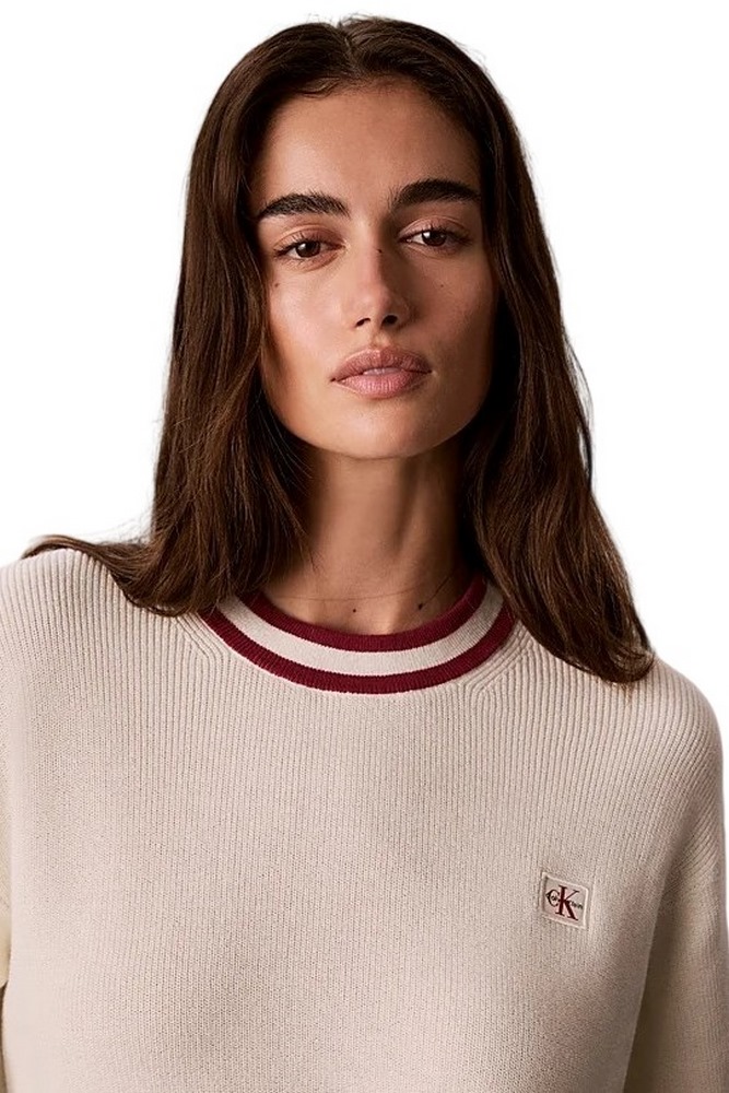 CALVIN KLEIN JEANS WOVEN LABEL CREWNECK SWEATER ΜΠΛΟΥΖΑ ΠΛΕΚΤΗ ΓΥΝΑΙΚΕΙΑ OFF WHITE