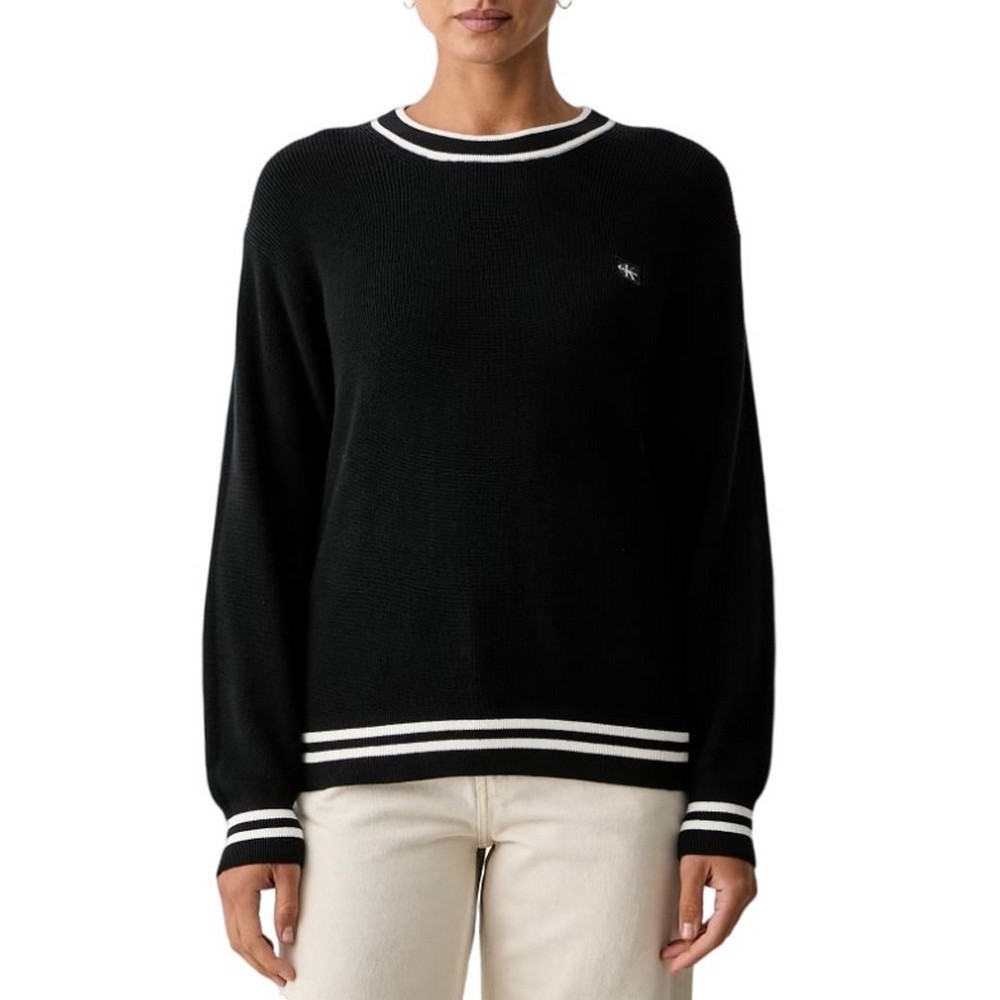CALVIN KLEIN JEANS WOVEN LABEL CREWNECK SWEATER ΜΠΛΟΥΖΑ ΠΛΕΚΤΗ ΓΥΝΑΙΚΕΙΑ BLACK