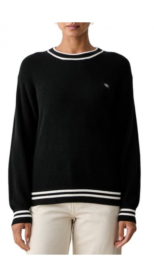 CALVIN KLEIN JEANS WOVEN LABEL CREWNECK SWEATER ΜΠΛΟΥΖΑ ΠΛΕΚΤΗ ΓΥΝΑΙΚΕΙΑ BLACK