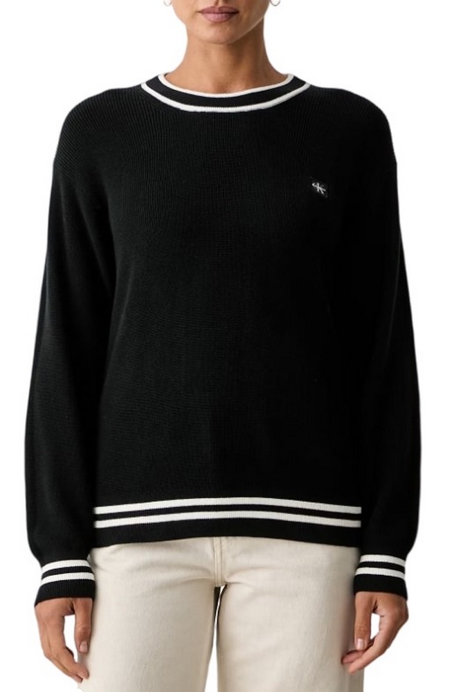 CALVIN KLEIN JEANS WOVEN LABEL CREWNECK SWEATER ΜΠΛΟΥΖΑ ΠΛΕΚΤΗ ΓΥΝΑΙΚΕΙΑ BLACK