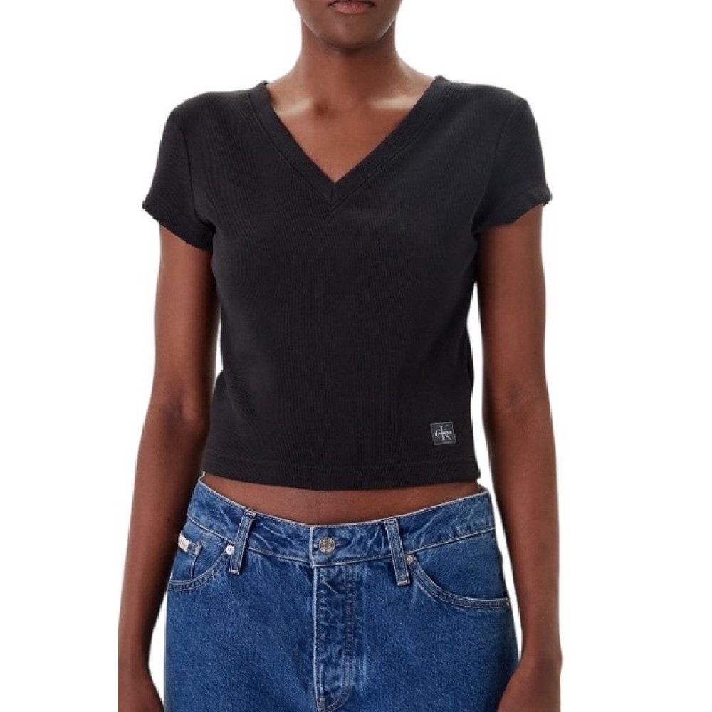 CALVIN KLEIN JEANS  WOVEN LABEL RIB VNECK T-SHIRT ΜΠΛΟΥΖΑ ΓΥΝΑΙΚΕΙΑ BLACK