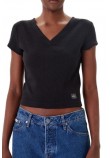 CALVIN KLEIN JEANS  WOVEN LABEL RIB VNECK T-SHIRT ΜΠΛΟΥΖΑ ΓΥΝΑΙΚΕΙΑ BLACK