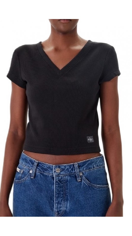 CALVIN KLEIN JEANS  WOVEN LABEL RIB VNECK T-SHIRT ΜΠΛΟΥΖΑ ΓΥΝΑΙΚΕΙΑ BLACK