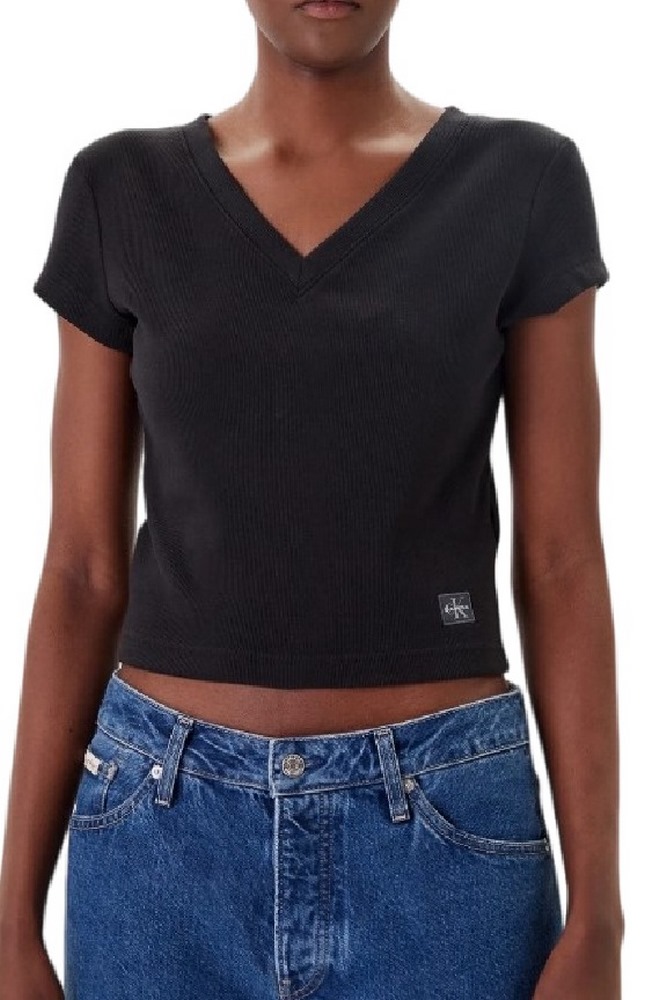 CALVIN KLEIN JEANS  WOVEN LABEL RIB VNECK T-SHIRT ΜΠΛΟΥΖΑ ΓΥΝΑΙΚΕΙΑ BLACK