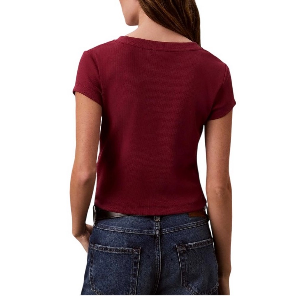 CALVIN KLEIN JEANS  WOVEN LABEL RIB VNECK T-SHIRT ΜΠΛΟΥΖΑ ΓΥΝΑΙΚΕΙΑ BORDEAUX