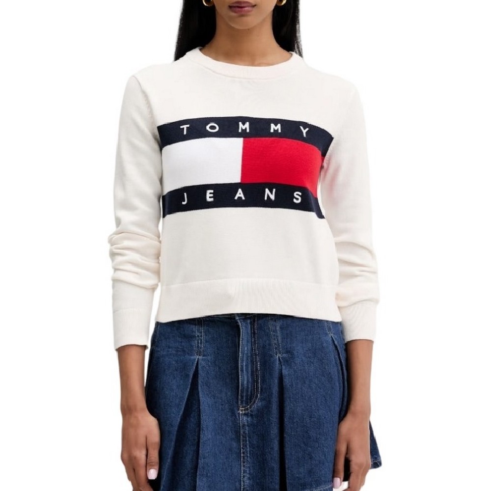 TOMMY JEANS FLAG CREW NECK SWEATER EXT ΠΛΕΚΤΗ ΜΠΛΟΥΖΑ ΓΥΝΑΙΚΕΙΑ OFF WHITE