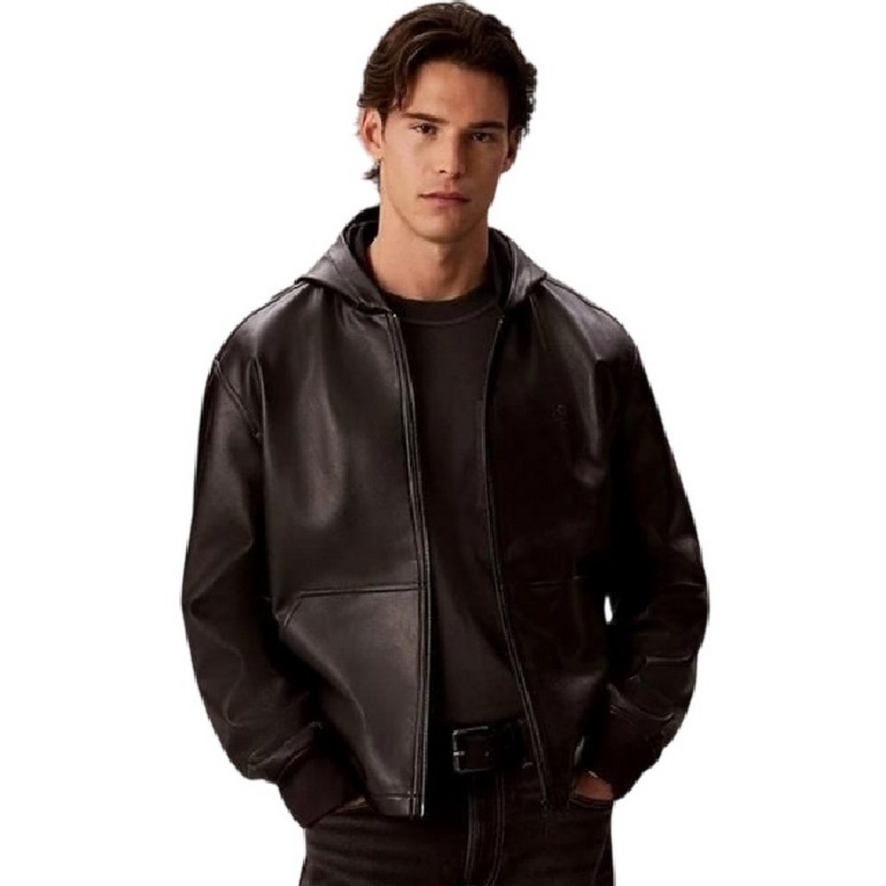 CLAVIN KLEIN JEANS FAUX LEATHER HOODED ZIP UP JACKET ΜΠΟΥΦΑΝ ΑΝΔΡΙΚΟ BLACK
