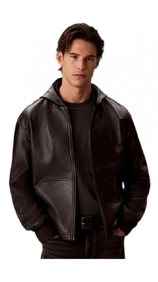 CLAVIN KLEIN JEANS FAUX LEATHER HOODED ZIP UP JACKET ΜΠΟΥΦΑΝ ΑΝΔΡΙΚΟ BLACK
