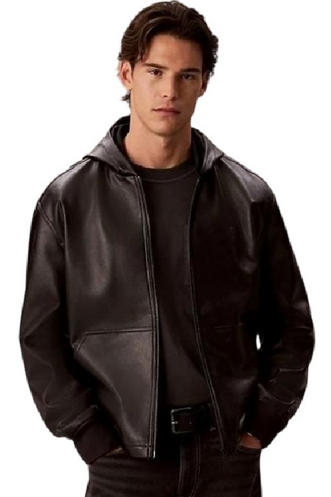 CLAVIN KLEIN JEANS FAUX LEATHER HOODED ZIP UP JACKET ΜΠΟΥΦΑΝ ΑΝΔΡΙΚΟ BLACK