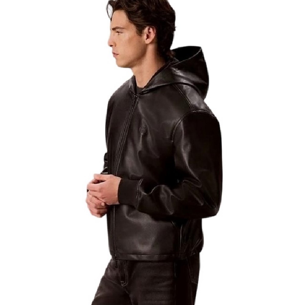 CLAVIN KLEIN JEANS FAUX LEATHER HOODED ZIP UP JACKET ΜΠΟΥΦΑΝ ΑΝΔΡΙΚΟ BLACK