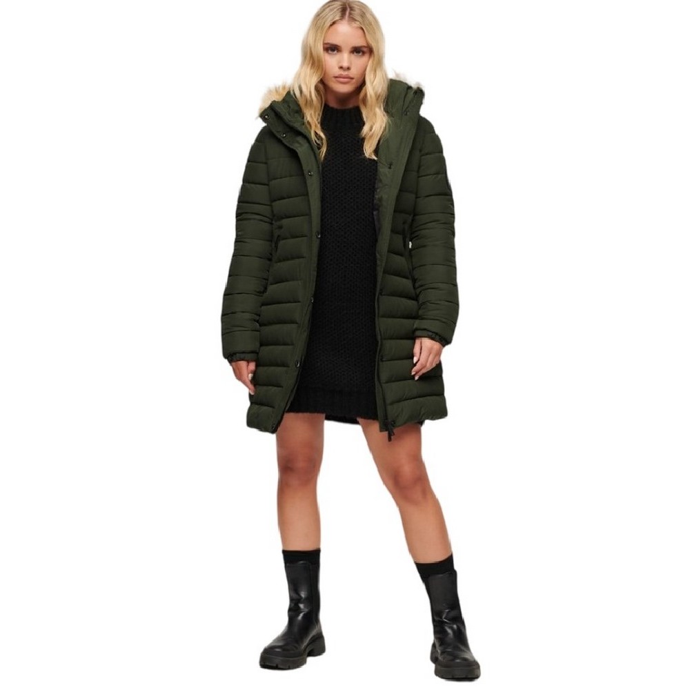 SUPERDRY D5 OVIN FUJI HOODED MID LENGTH PUFFER ΜΠΟΥΦΑΝ ΓΥΝΑΙΚΕΙΟ GREEN