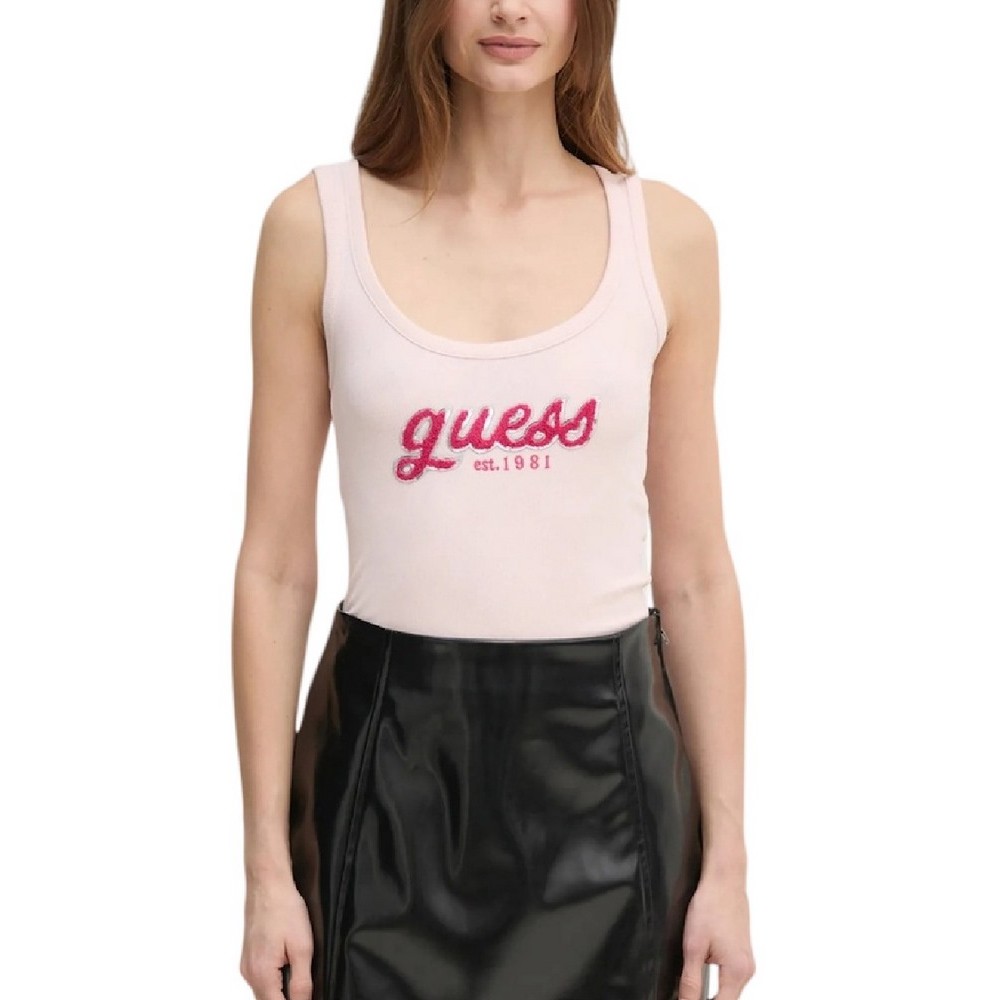 GUESS CHENILLE LOGO TANK TOP RIB ΤΟΠ ΓΥΝΑΙΚΕΙΟ ROSE