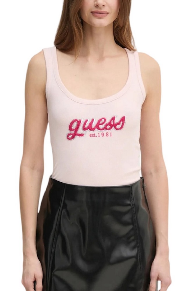 GUESS CHENILLE LOGO TANK TOP RIB ΤΟΠ ΓΥΝΑΙΚΕΙΟ ROSE