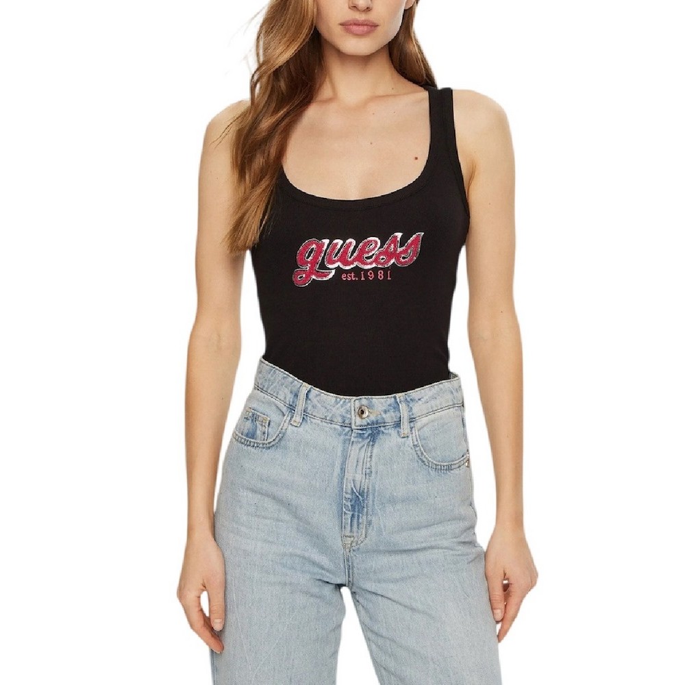 GUESS CHENILLE LOGO TANK TOP RIB ΤΟΠ ΓΥΝΑΙΚΕΙΟ BLACK