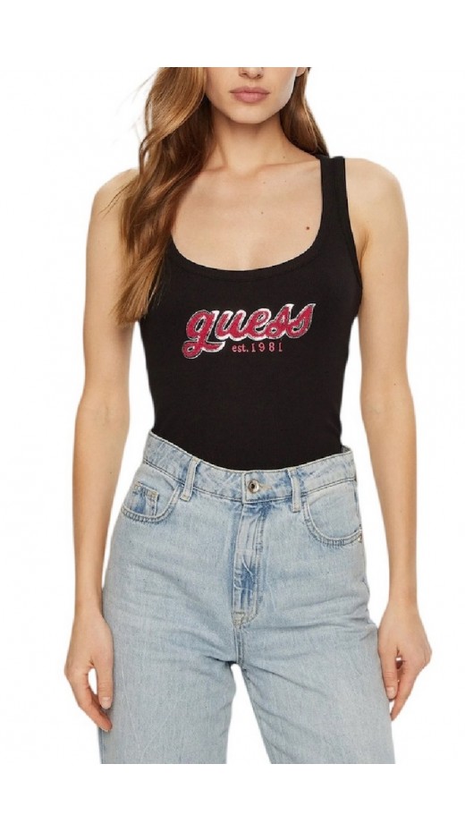 GUESS CHENILLE LOGO TANK TOP RIB ΤΟΠ ΓΥΝΑΙΚΕΙΟ BLACK