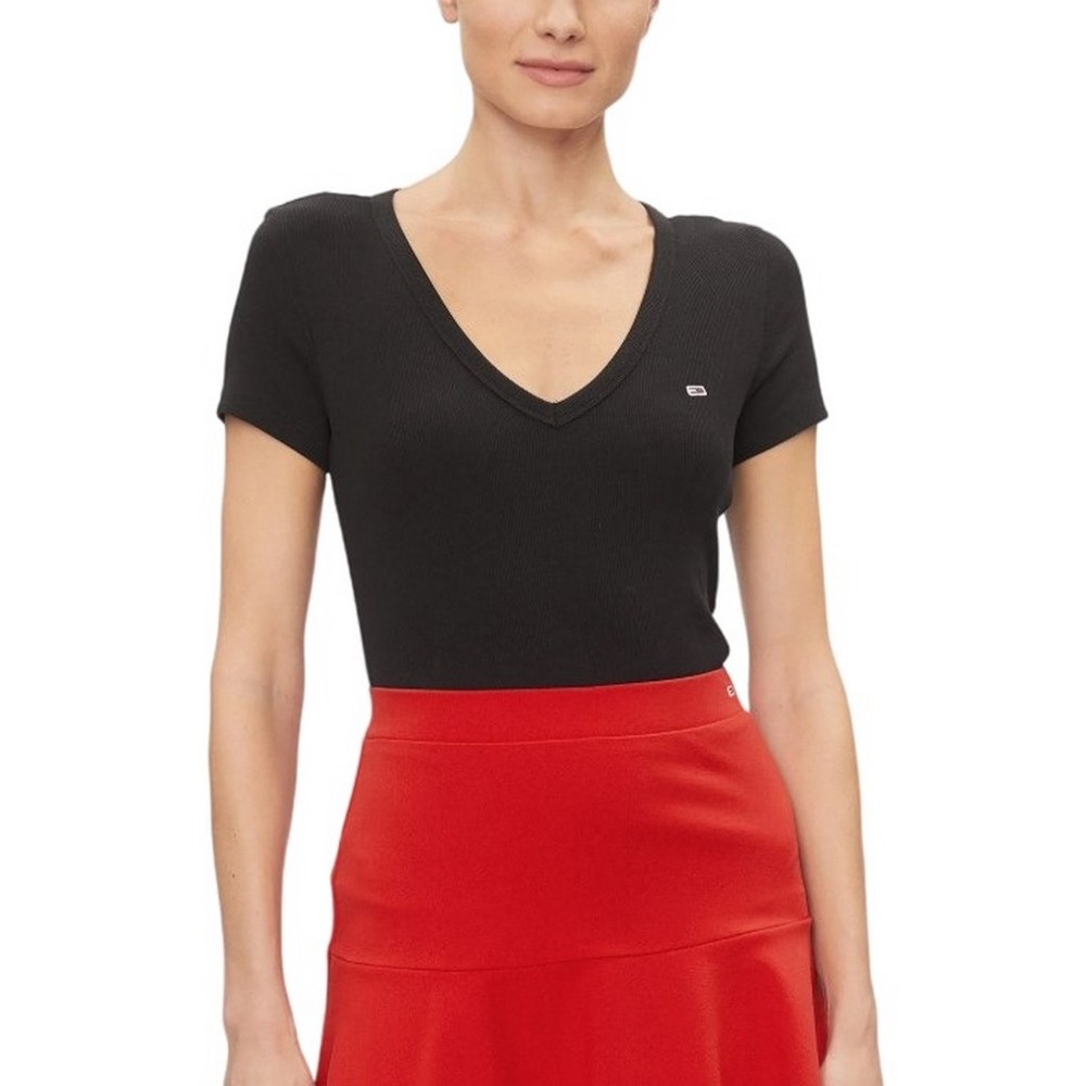 TOMMY JEANS SLIM ESSENTIAL RIB V SS T-SHIRT ΜΠΛΟΥΖΑ ΓΥΝΑΙΚΕΙΑ BLACK