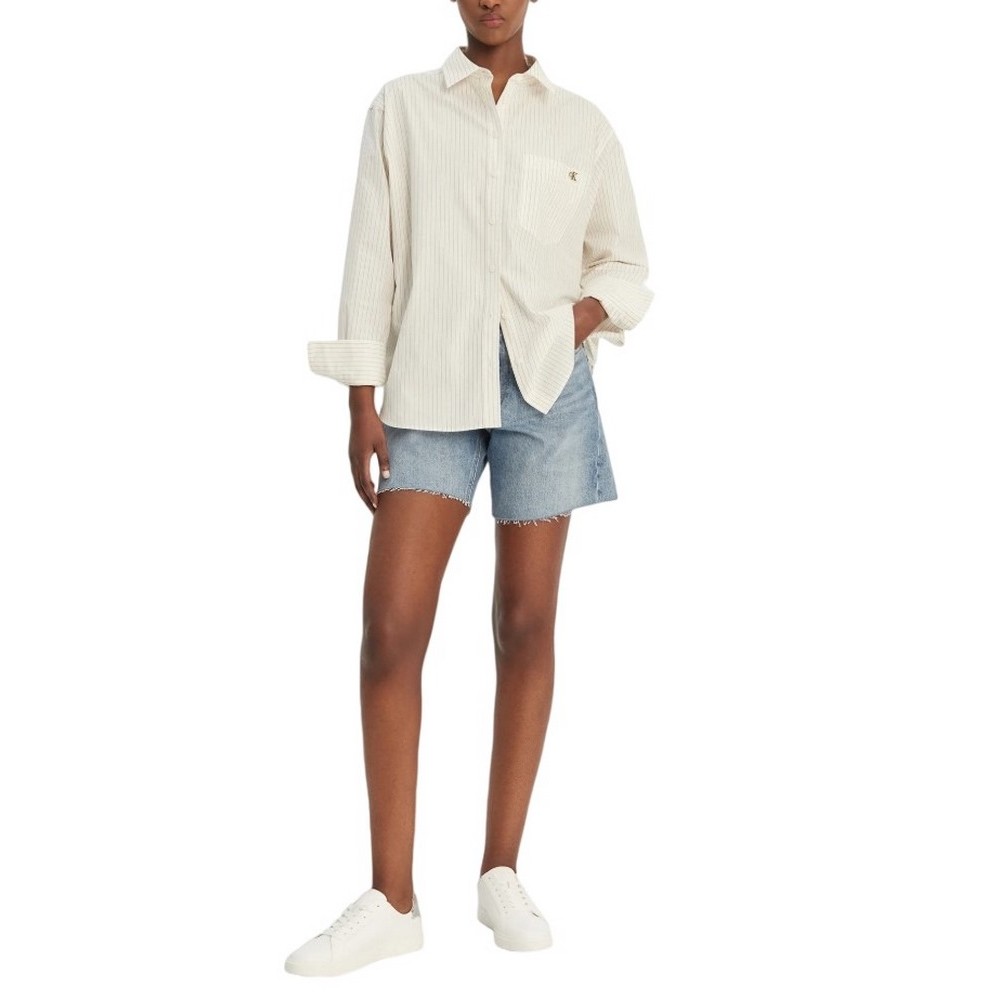 CALVIN KLEIN JEANS YARNDYE COTTON POPLIN RELAXED ΠΟΥΚΑΜΙΣΟ ΓΥΝΑΙΚΕΙΟ OFF WHITE