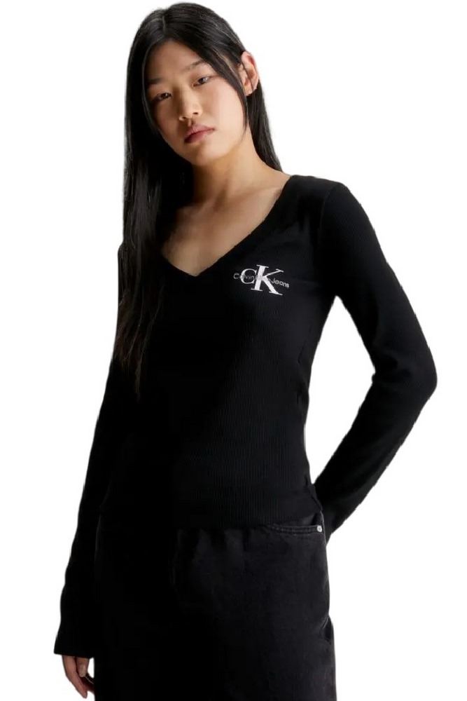 CALVIN KLEIN RIB V-NECK MONOLOGO LONG SLEEVE ΜΠΛΟΥΖΑ ΓΥΝΑΙΚΕΙΑ BLACK