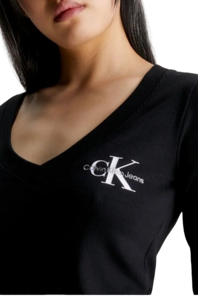 CALVIN KLEIN RIB V-NECK MONOLOGO LONG SLEEVE ΜΠΛΟΥΖΑ ΓΥΝΑΙΚΕΙΑ BLACK