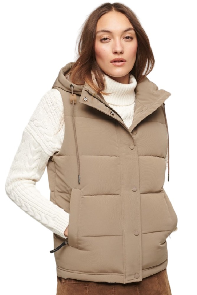 SUPERDRY D1 OVIN EVEREST HOODED PUFFER GILET ΜΠΟΥΦΑΝ ΓΙΛΕΚΟ ΓΥΝΑΙΚΕΙΟ BROWN