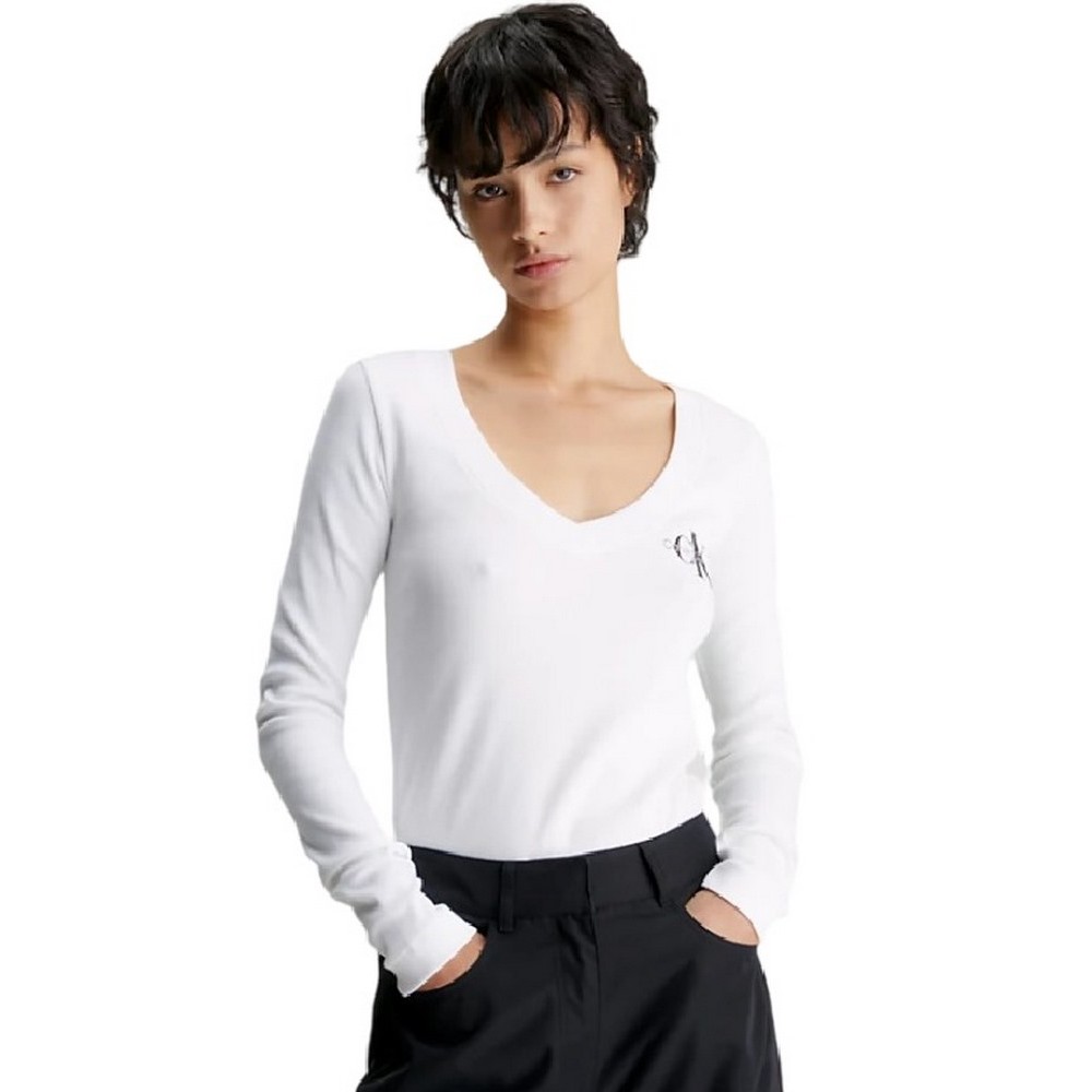 CALVIN KLEIN RIB V-NECK MONOLOGO LONG SLEEVE ΜΠΛΟΥΖΑ ΓΥΝΑΙΚΕΙΑ WHITE